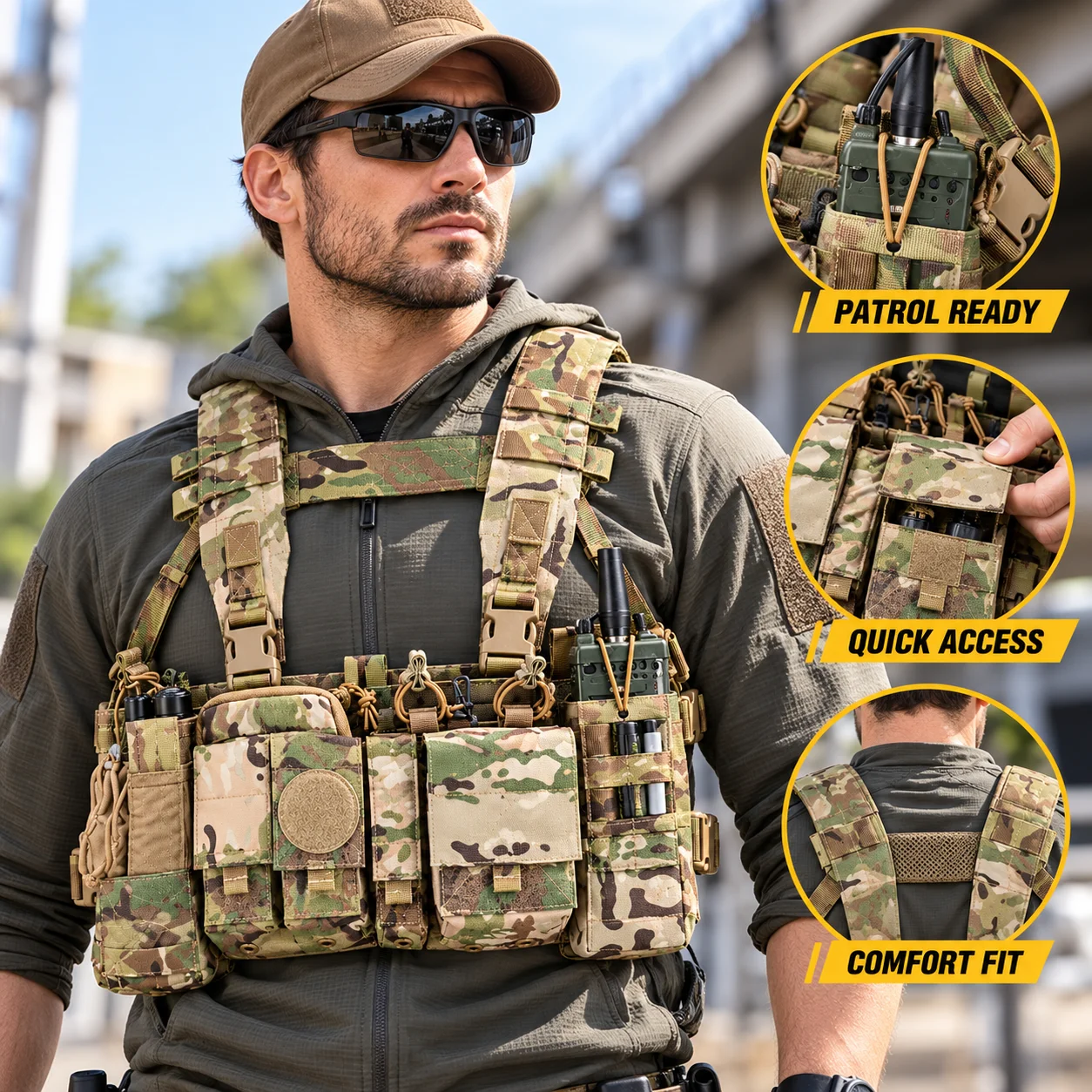 Tactical Patrol Vest, Commuter Chest Rig, Detachable Radio Pouch, Modular Utility Vest with Removable Front Pouch for Outdoor 4