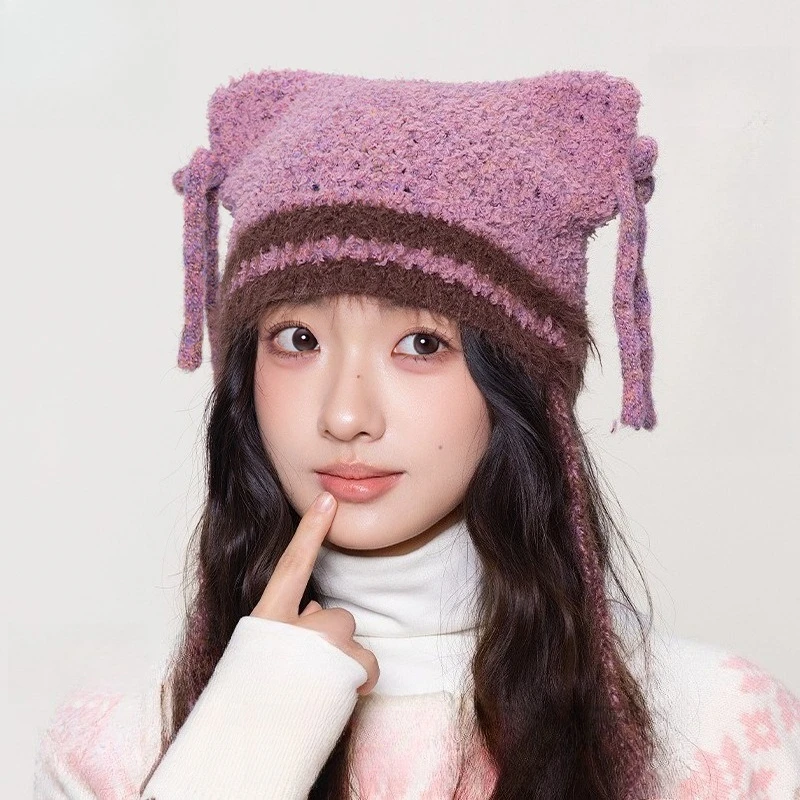 Dopamine Color Matching Horizontal Bar Korean Color Bow Cat Ears Knitted Hat Girls Winter Age Reduction Cartoon Cute Wool Hat