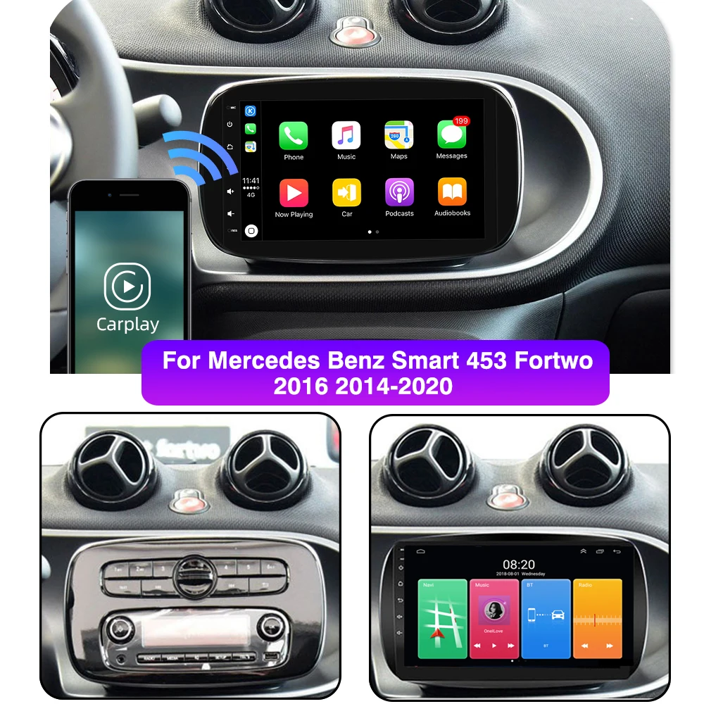 Android 16 para Mercedes Smart 453 Fortwo 2014 - 2020 Autoradio reproductor Multimedia QLED 1280*720 pantalla Carplay Radio de coche 2Din DVD