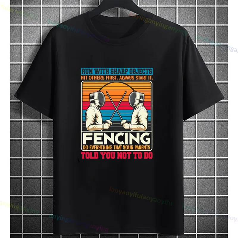 Men's Funny Fencing Graphic T-shirt Casual Short-sleev Crewneck Cotton Tshirt Perfect for All Seasons Outdoor Clothing