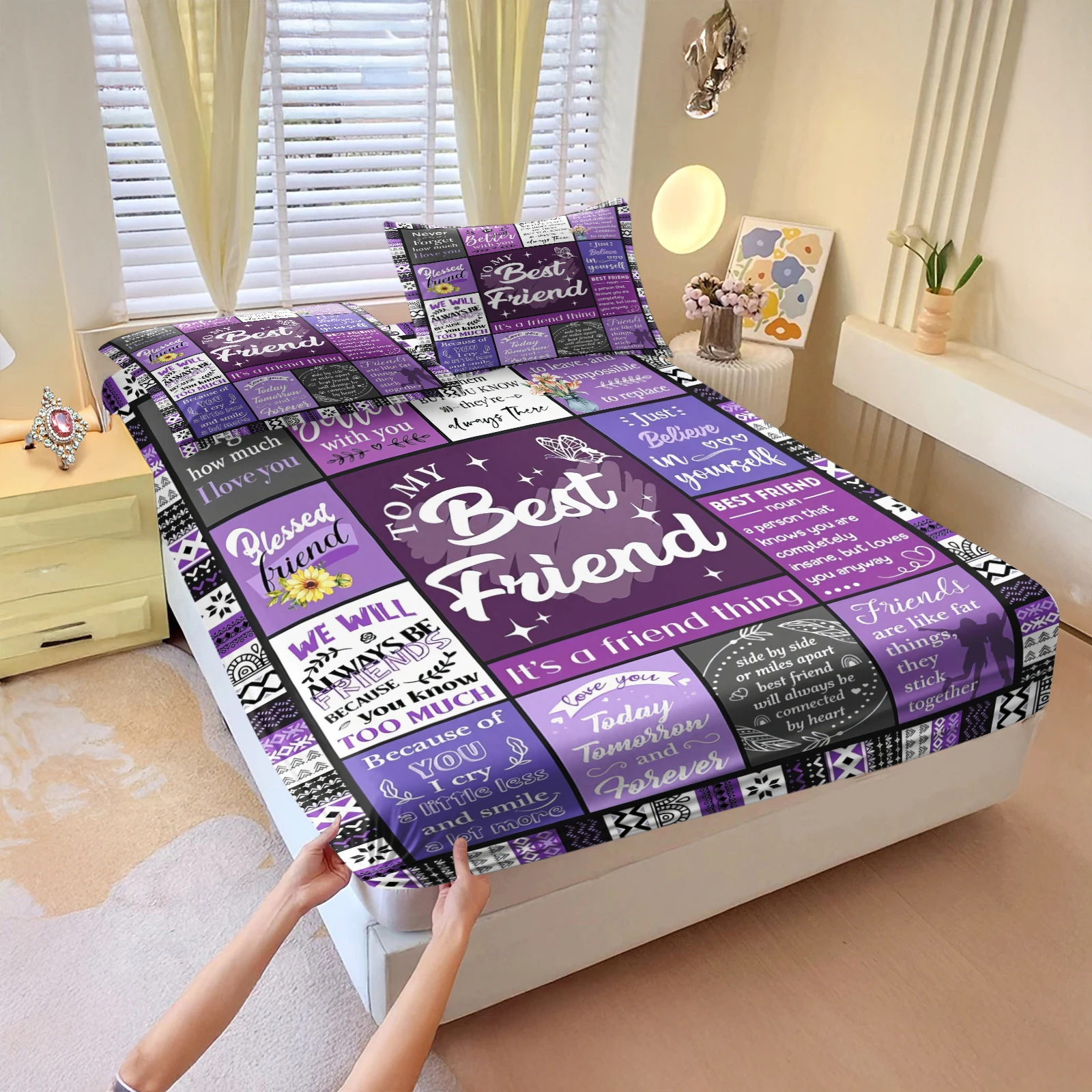 Best Friend Quote Patchwork Fitted Sheet Set Purple Bedding Cover Soft Bed Sheet with Pillow Cases Home Decoration Perfect Gift