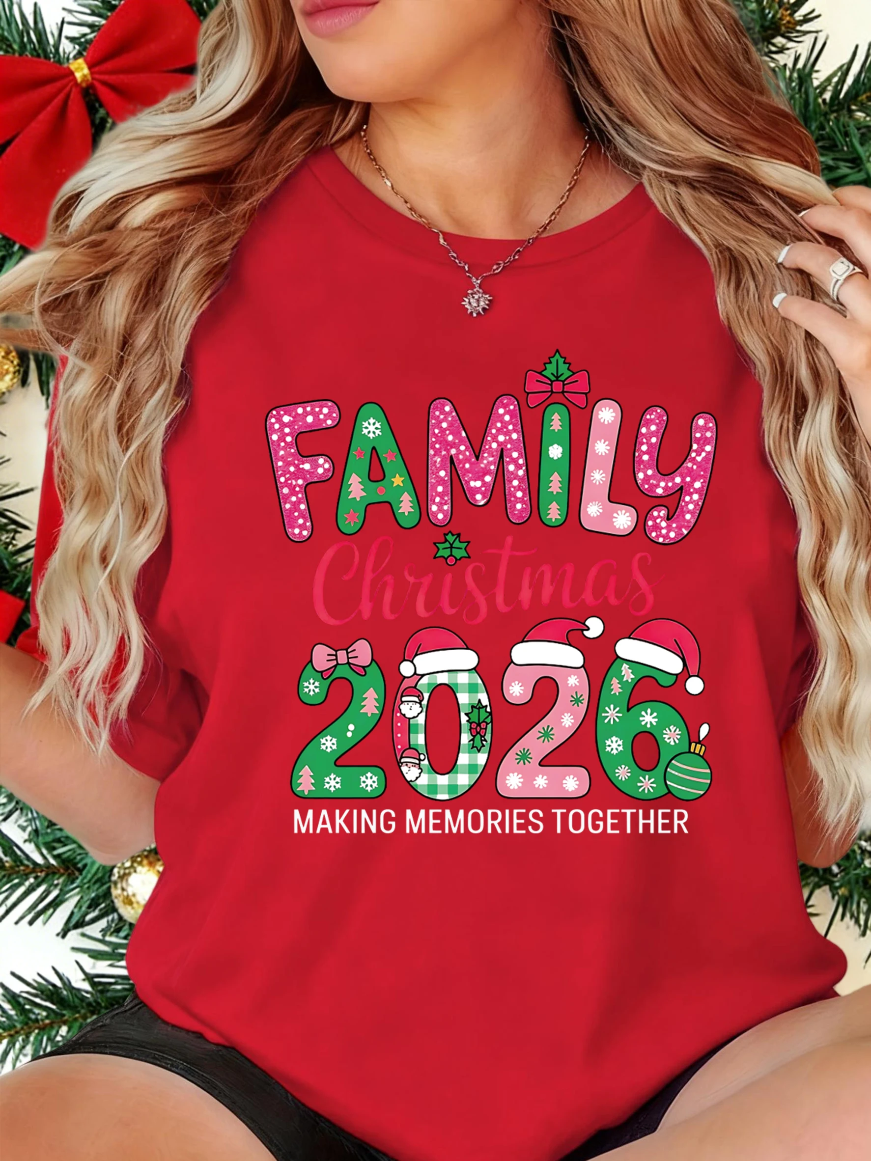 Świąteczna Koszulka Damska z Nadrukiem Wesołych Świąt i Szczęśliwej Rodziny 2026, Letnia Koszulka Y2K, Oddychająca, Wygodna, Miękka Koszulka z Krótkim Rękawem i Okrągłym Dekoltem