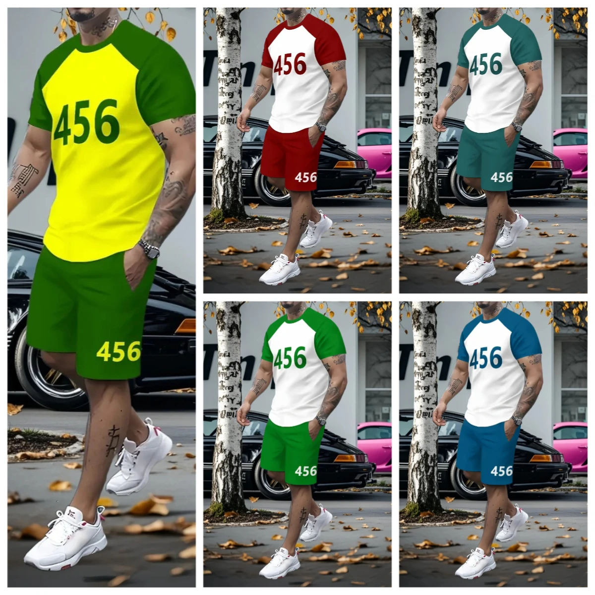 

25/26 New Summer Set Men's T-shirt Trendy American Street Printed Round Neck Men's Set Trendy Handsome Sports Two Piece Set