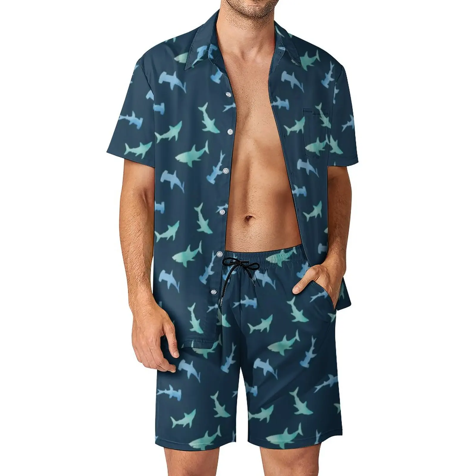 

Watercolor Shark Men Sets Nautical Swimming Sharks Casual Shorts Beachwear Shirt Set Summer Trendy Suit Short Sleeve Plus Size