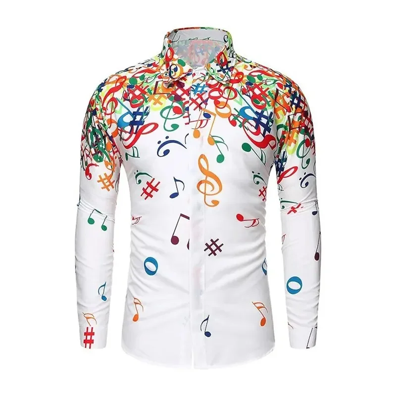 Vibrant Colorful Musical Note Pattern Print Men Long Sleeve Button Down Shirt Casual Daily Party Top For
