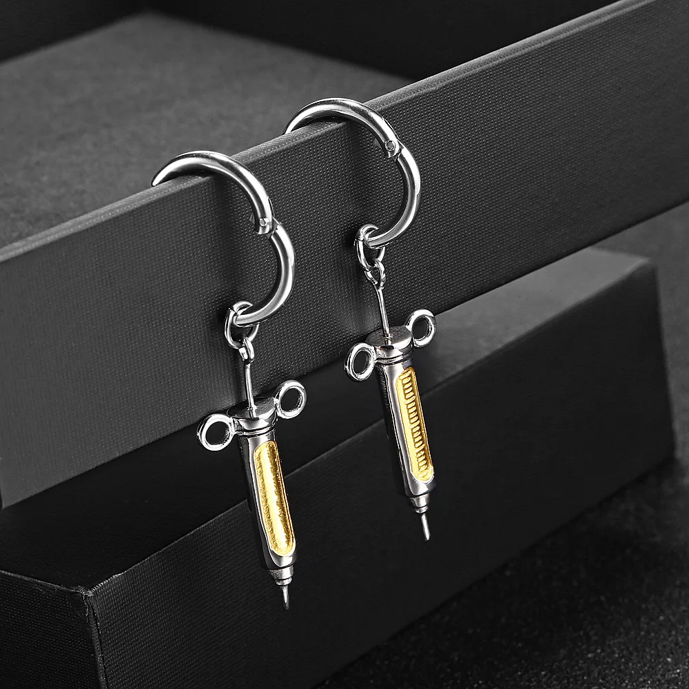 Stainless Steel Fashion Women Statement Punk Rock Syringe Drop Earrings Jewelry Doctor Gift For Him