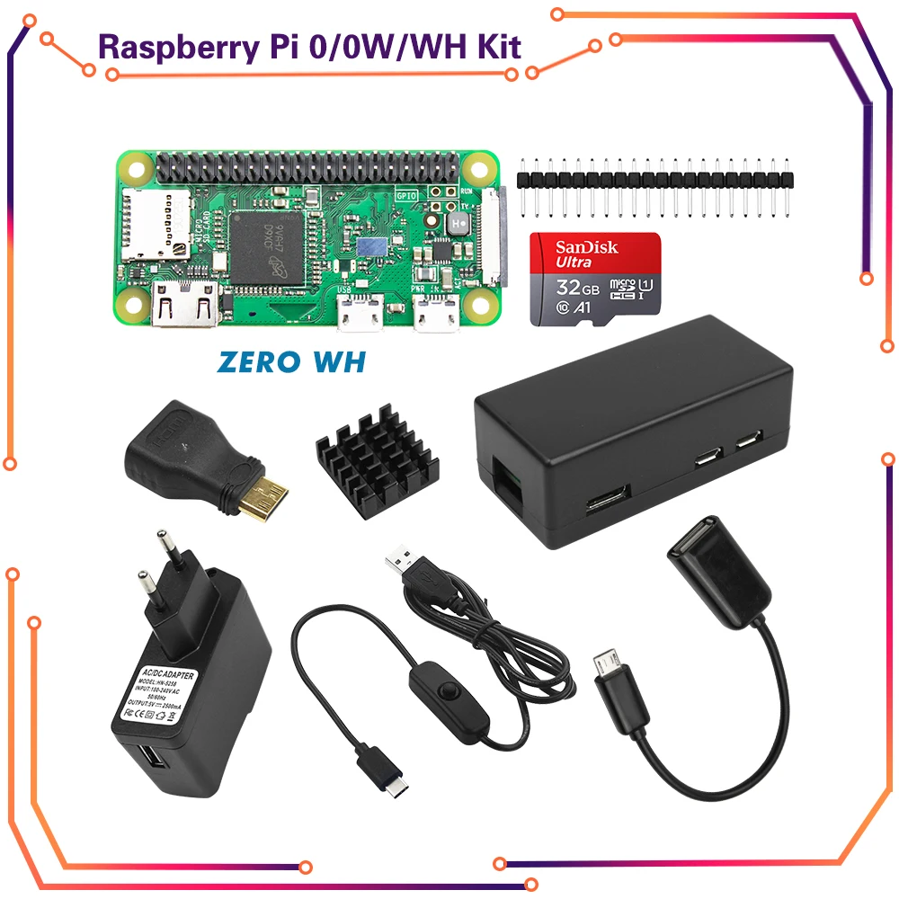 

Raspberry Pi ZERO/ ZERO W/ZERO WH Kit + case + Heat Sink+ GPIO Header+Optional 32GB SD Card / Power Adapter for RPI zero