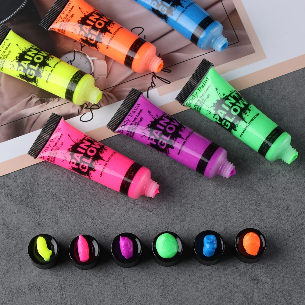 Tinta Fluorescente Neon para Pintura Facial e Corporal, 6 Cores, Tintas UV Luminosas, Maquiagem para Aniversário e Festa de Halloween, 24 Pçs/set