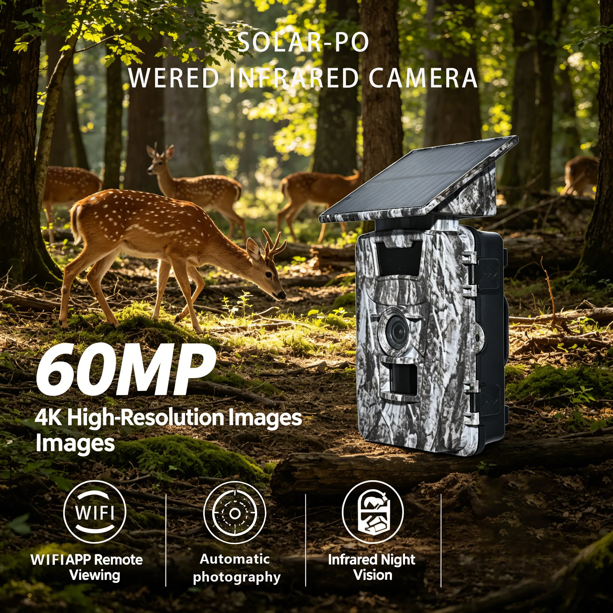 60MP 4K Hunting Camera Infrared Night Vision Camera Built-in Battery Solar Charging WIFI APP Connection Viewing Without Memory Card