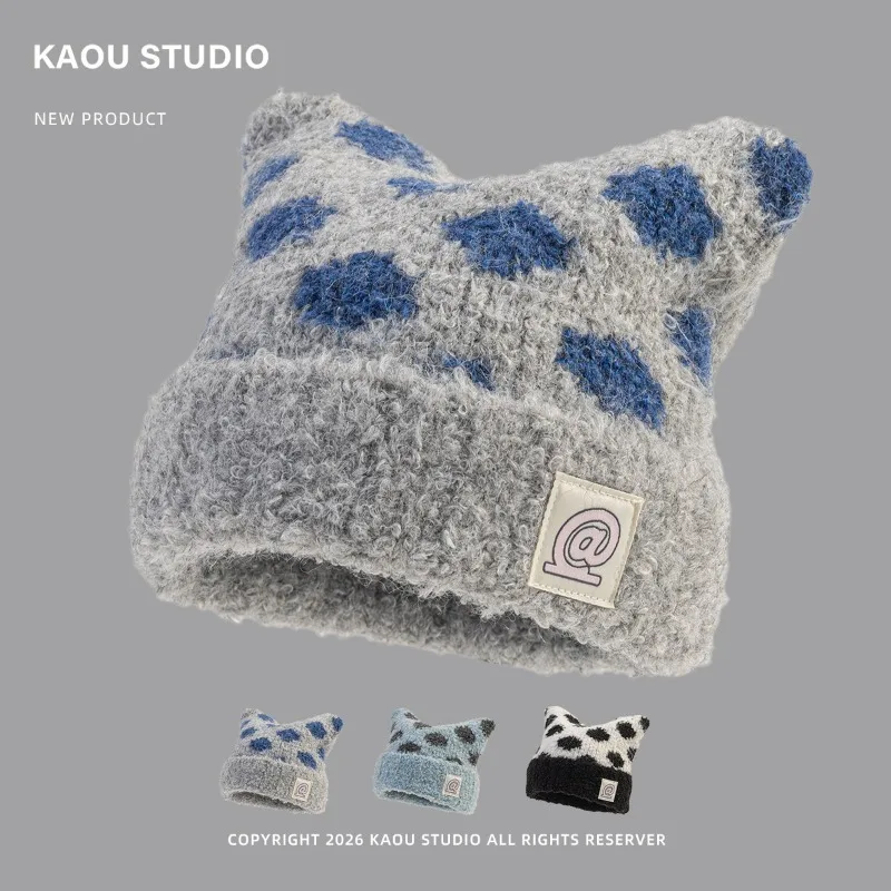 Koreanische Polka-Dot-Katzenohren-Strickmütze für Damen, süße, warme Mütze für Herbst und Winter. – Detail 1