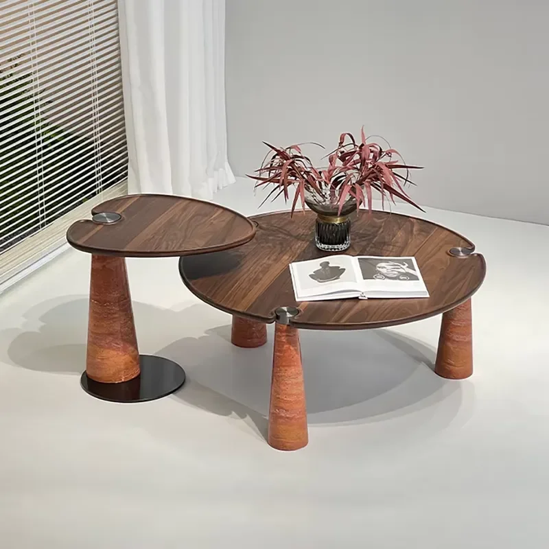 Modern Two Piece Coffee Table Set Walnut Top Marble Base With Decorative Side Table For Living Room Villa Hotel Furniture