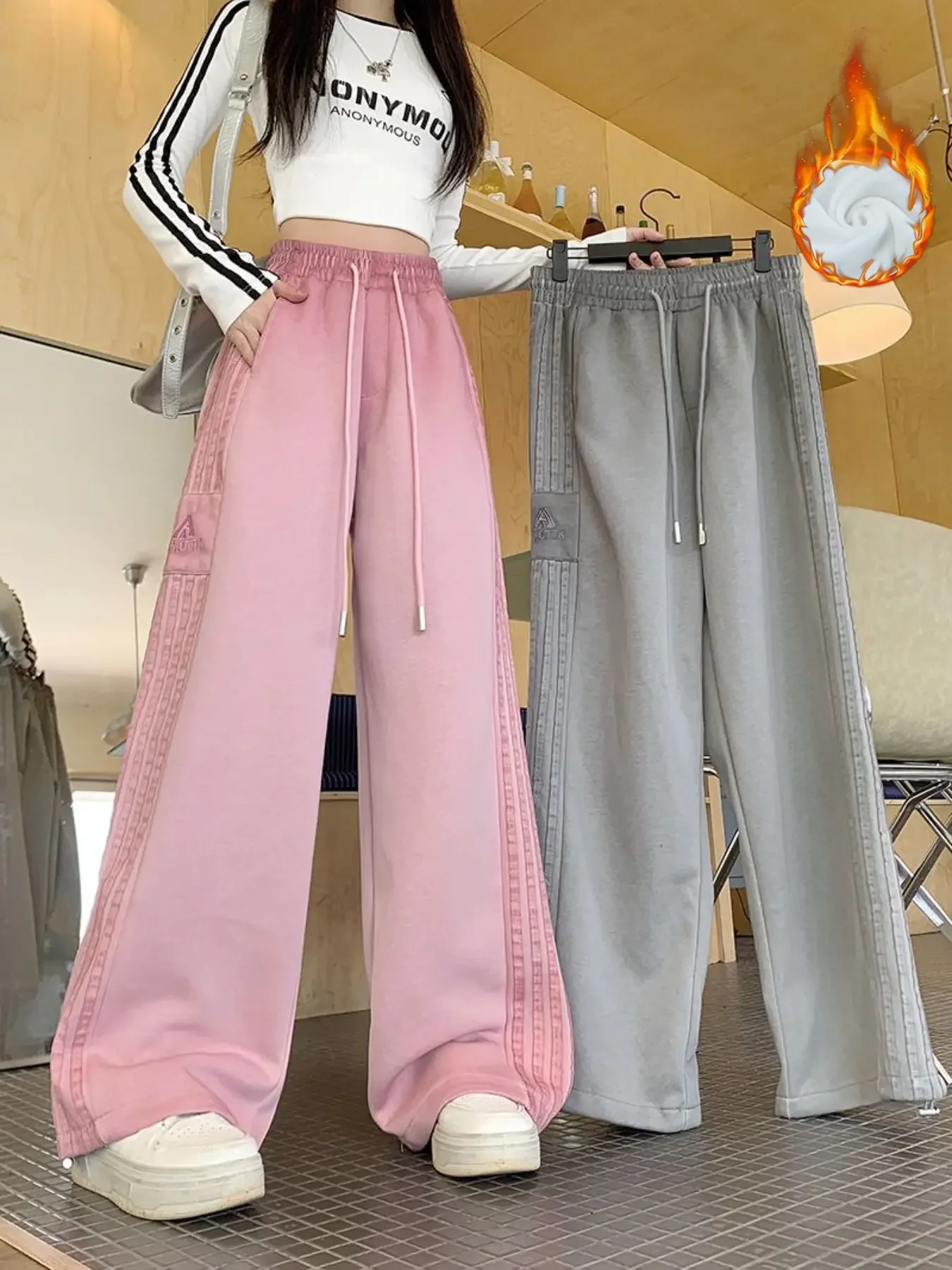 Pantalon Long chaud en polaire pour femme, grande taille, décontracté, rayé, tendance, jambes larges, Y2K, ample, jambes droites, automne/hiver