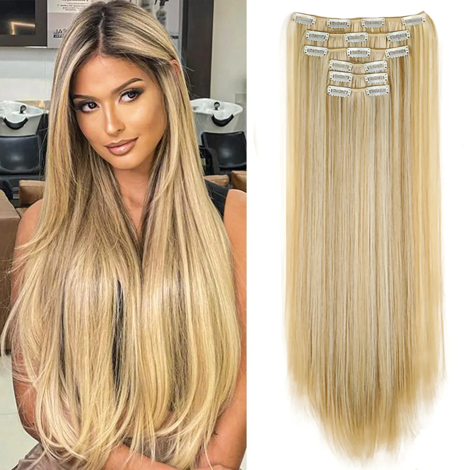 24 Inch Synthetic Straight Clip in Hair Extensions 6Pcs Full Head Heat Resistant Wig for Cosplay Party Daily Wear Costume