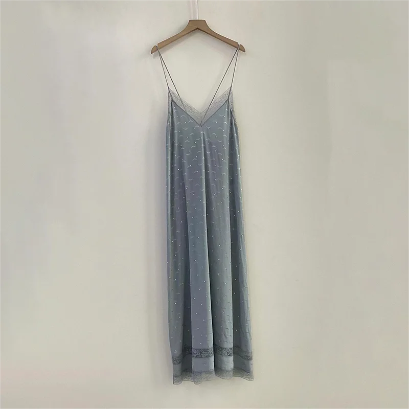 Zadig Women Summer Long Robe Casual Lace Silk Camisole Dresses Female Fashion Blue Jacquard Rhinestone Wing Robe Lady Sexy Dress