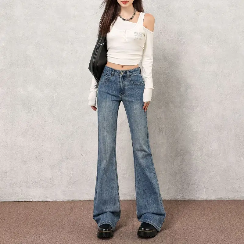 คอลเลกชันฤดูใบไม้ร่วงใหม่ของกางเกงยีนส์ทรงหลวมเอวกลาง-ต่ำสไตล์เรโทรเนื้อผ้าลายไม้ไผ่แบบอเมริกันสำหรับผู้หญิง