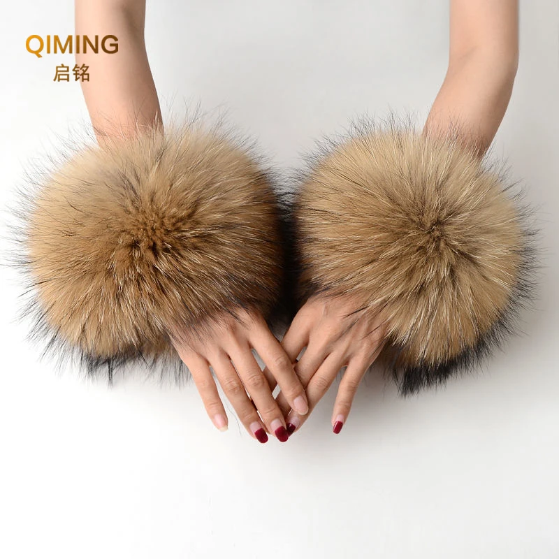 High Quality Winter Real Racoon Fur Cuffs Wrist Warmer Coat Sleeve Decorate Genuine Fur Cuff Arm Bracelet Fur Wristband Glove