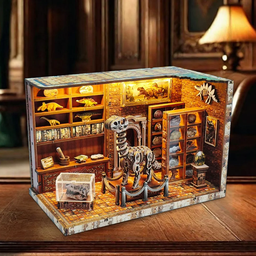 DIY Dinosaur Research Institute - Hand-Assembled Wooden Bookend Model, Miniature House  Creative Gift for Home Decor Collection
