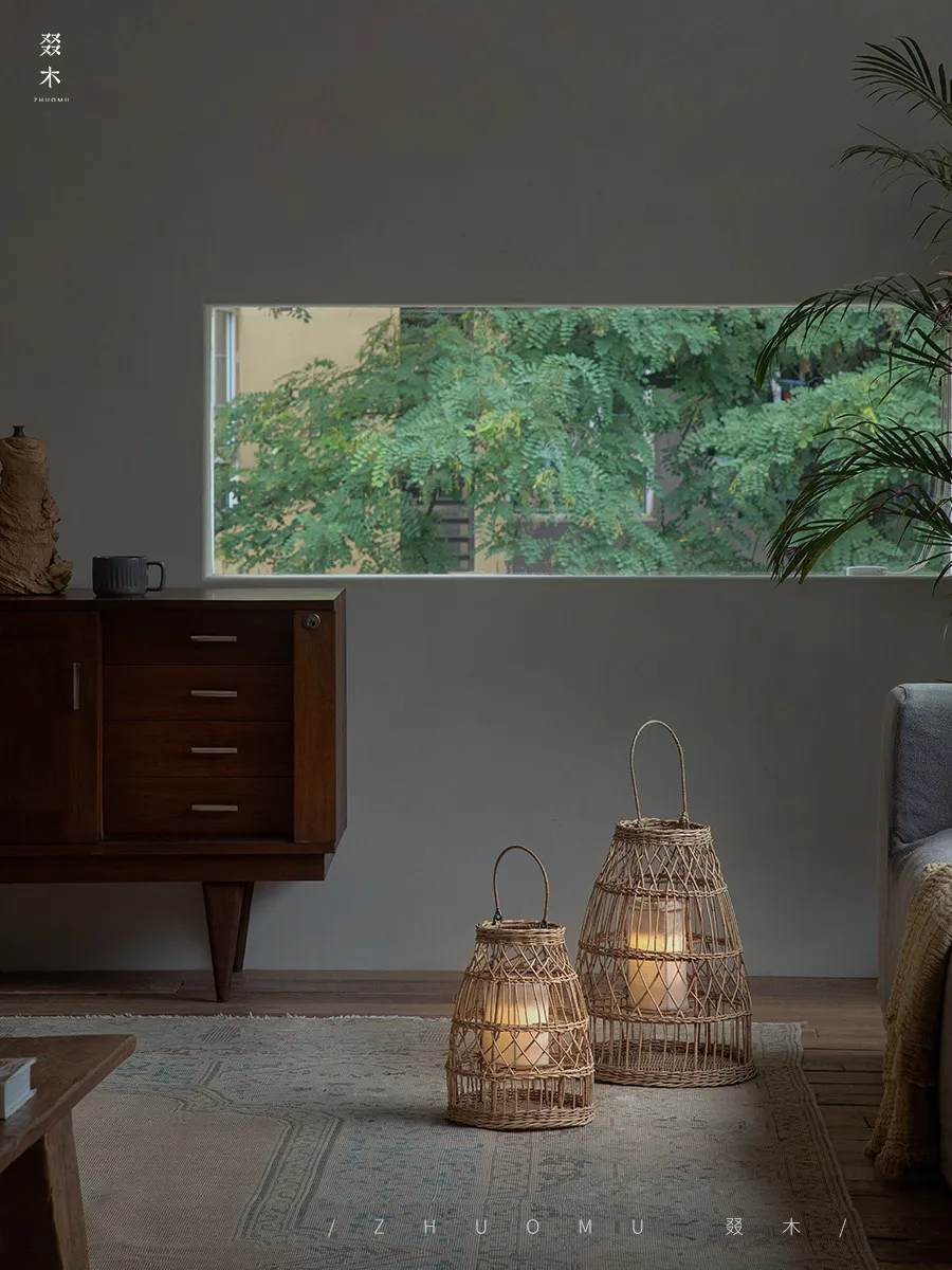 Wood | Night Moor Floor-to-Floor Wind Lantern\ Indonesian Plant