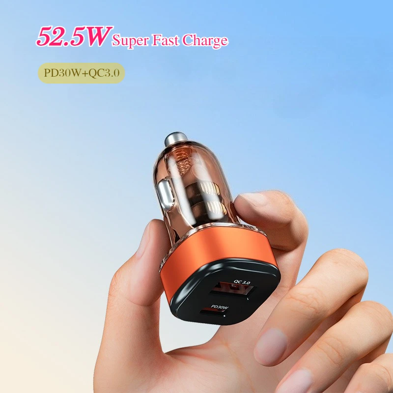 

Mechanical-Style Transparent Design 52.5W 2 Port Car Cigarette Lighter Charger with PD30W QC3.0 Super Fast Charging USB