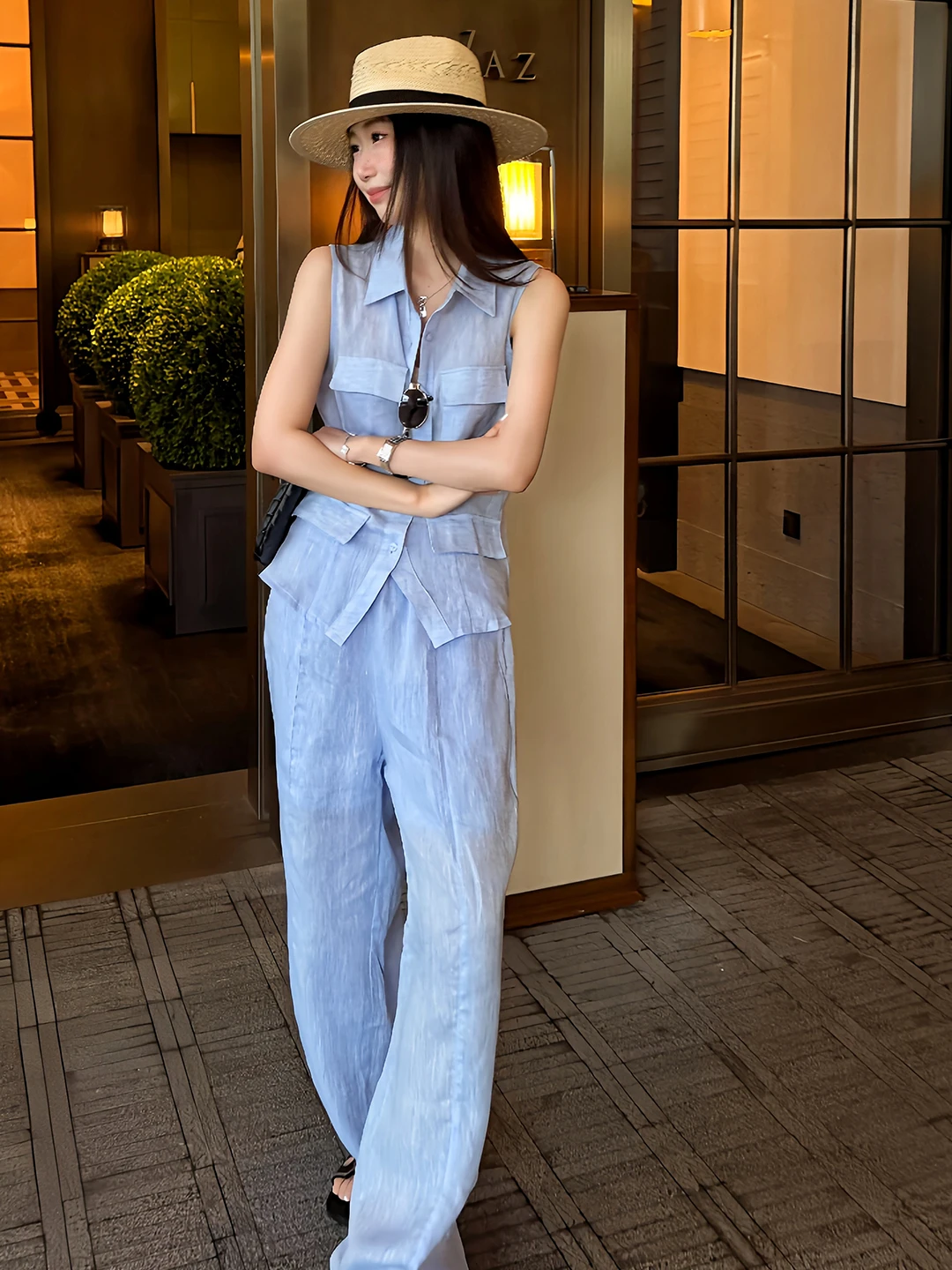 Ladies Summer Casual Style Cotton Linen Sleeveless Wide Leg Pants Two-Piece Set V-Neck Button up Top And High Waist Bottoms