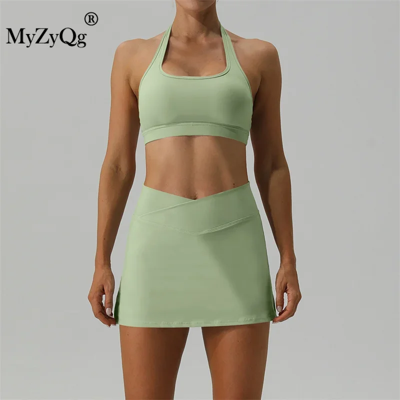 MyZyQg ผู้หญิงชุดฤดูใบไม้ผลิ Nude เทนนิส Bra กระโปรงชุดกลางแจ้ง Quick-drying Running Fitness Wear Halter Vest ชุด