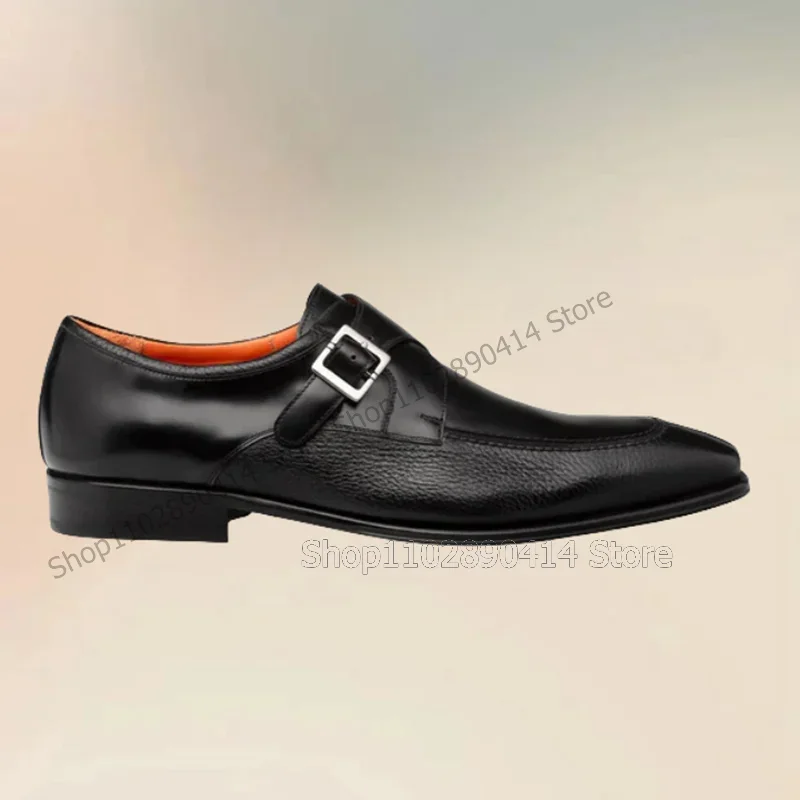 

Buckle Decor Black Lychee Print Sewing Design Loafers Fashion Slip On Men Shoes Luxurious Handmade Party Office Men Dress Shoes