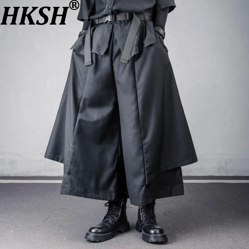 

Мужские широкие брюки HKSH Dark для весны/лета, свободные укороченные брюки в стиле Ямамото, имитация двух предметов, юбка-брюки в стиле самурая, нишевый дизайн HK21577