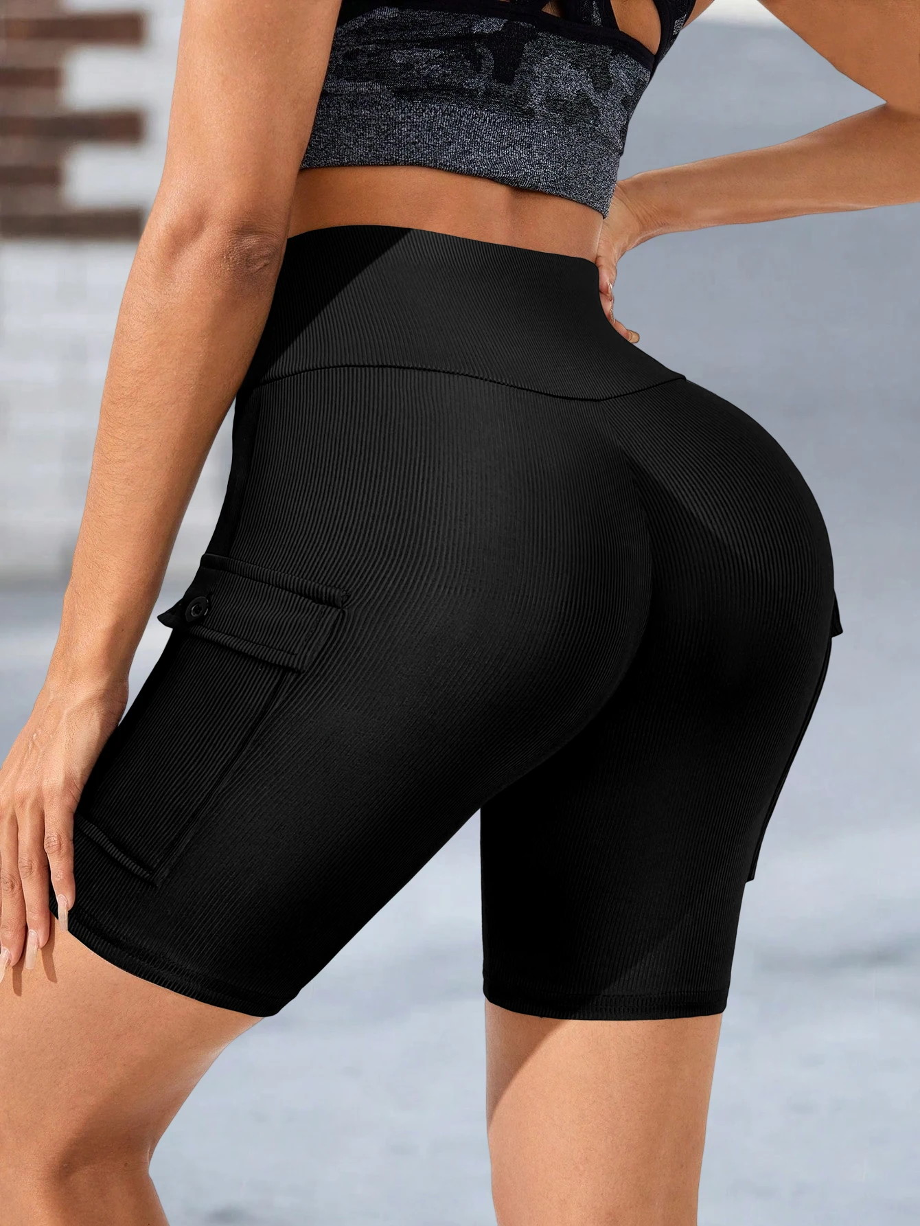 High Stretch Yoga Shorts Cycling Pants For Running Gym Cycling Sports Women's Flap Pocket Ribbon Wideband Waist Tight Shorts