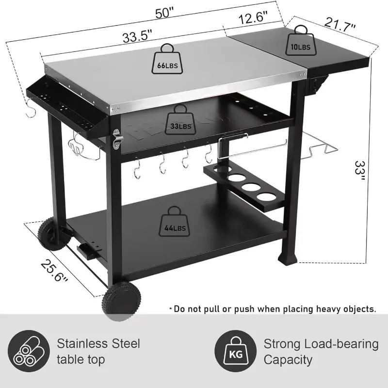 รถเข็นอาหารสแตนเลสมัลติฟังก์ชั่นรถเข็นบาร์บีคิวเตาอบพิซซ่ากลางแจ้งโต๊ะรับประทานอาหารพับได้