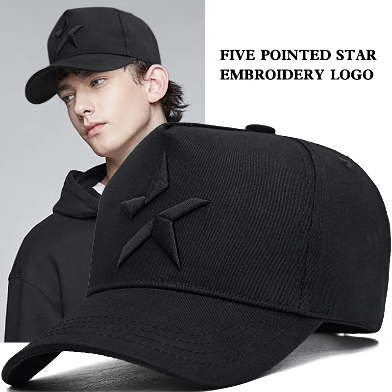 Branded Cap Men\'s Spring Five-Pointed Star Tall Crown Black Baseball Cap Hard Top Wide Brim Men\'s Peaked Cap