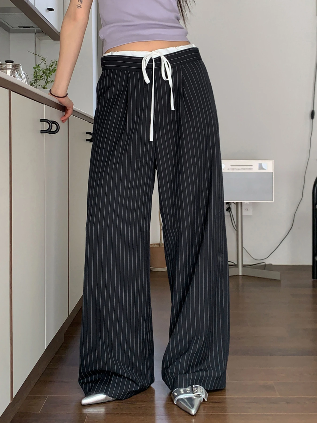 Weekeep Black Striped Print Suit Pants y2k Cute Ruched Patchwork Loose Straight Pants for Women Casual Streetwear Basic Trousers