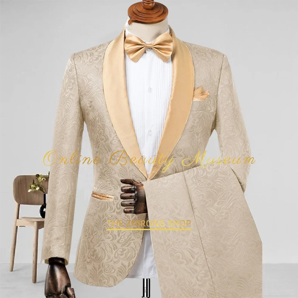 

Men's pretty suit 2 pcs jacket pants champagne jacquard shawl lapel slim fit custom set for wedding groom ball birthday party