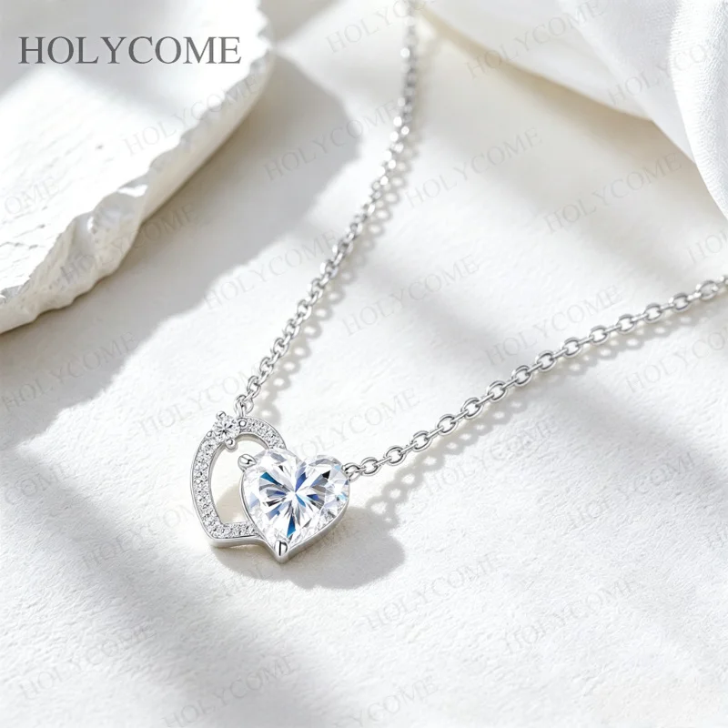 2CT Herzschliff Moissanit-Anhänger Halskette S925 Sterling Silber Platinbeschichtet Doppelherz D-Farbe VVS1 für Damen Feiner Schmuck – Detail 6