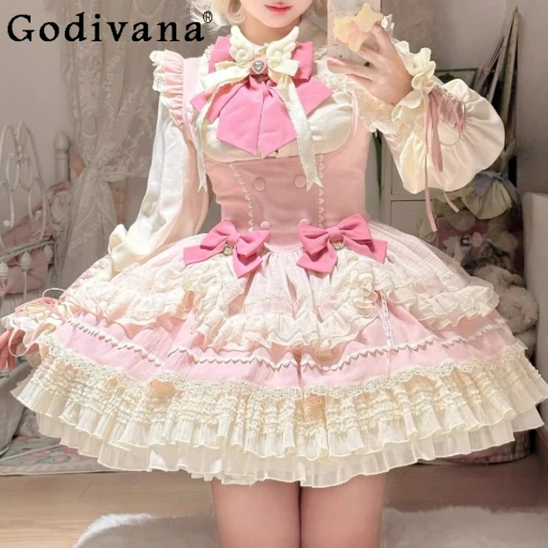 

Spring Autumn New Christmas Cos Sweet Girl Pink High Waist A-line Lolita Dress Jsk Long Sleeve Bottoming Shirt Princess Sets