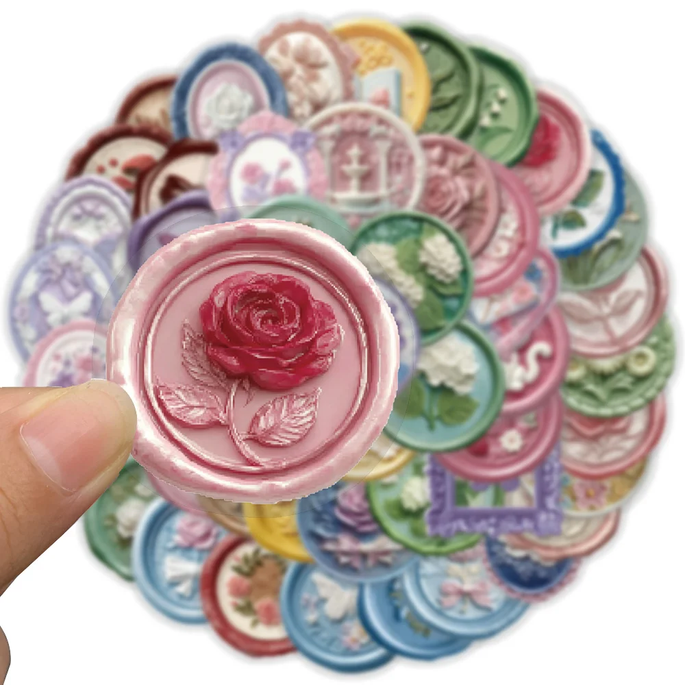 50Pcs Relief Seal Stickers Embossed Decals Vintage Craft Vinyl Art Set For Adults Stationery Journal Card Planner Gift Box Decor