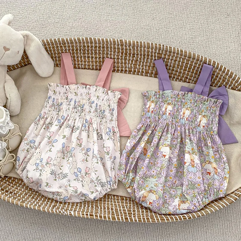 2024 Summer Baby Clothes Sweet Bow Romper for Girls Floral Sleeveless Sling Jumpsuit Newborn Bodysuit Korea Toddle Infant Onesie