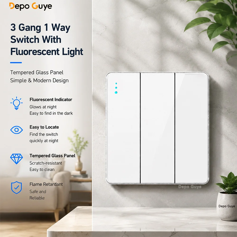 White tempered glass 2Way Wall light switch,UK Wall 18W Type-C Fast Charging usb socket,Universal Electrical outlet plug 220V