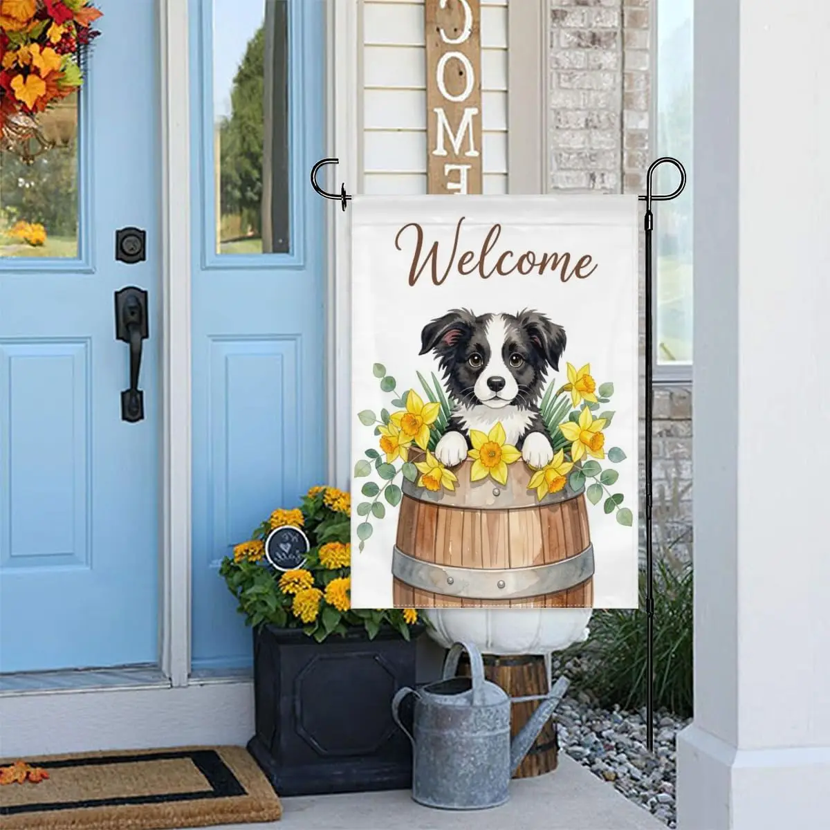Border Collie Puppy Welcome Garden Flag 12x18 Inch Double Sided – Spring Daffodil Floral Dog Yard Decoration for Outdoor Law AAS