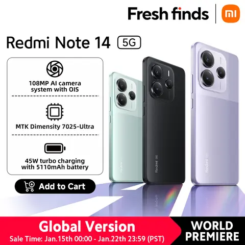 [World Premiere] Xiaomi Redmi Note 14 5G Global Version NFC Smartphone MTK Dimensity 7025-Ultra 108MP Camera 45W Turbo Charging