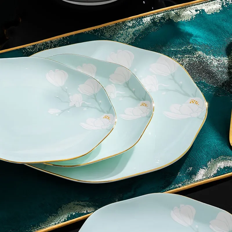 Tableware single product ceramic new Chinese plant flower printing and dyeing hand-painted gold simple plate home high-end hotel