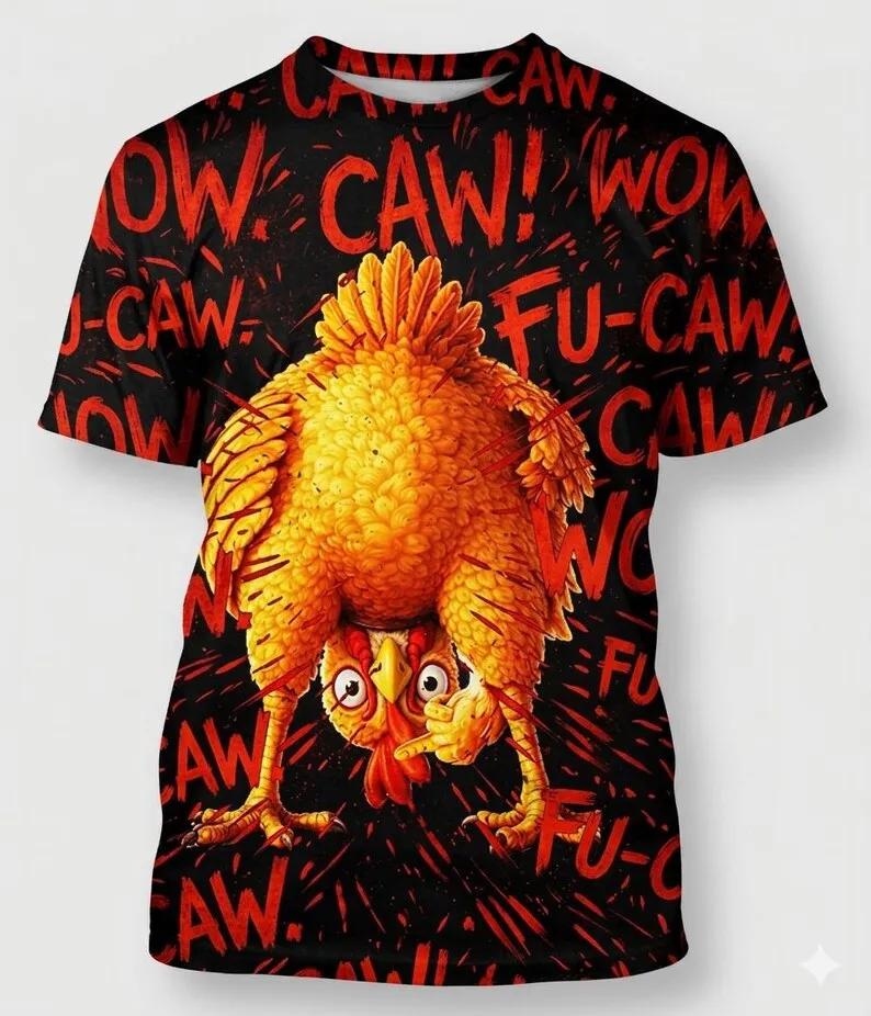 Crazy Screaming Chicken Middle Finger Rooster Graphic T-Shirt 3D Print Funny Animal Short Sleeve Tops