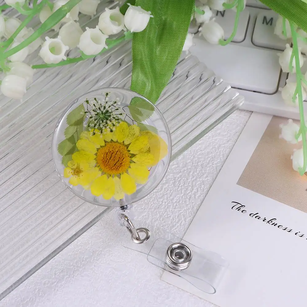 ID Badge Clip Retractable Pressed Floral Badge Reel Clip Transparent Badge Reel Reels Keyring Card Badge Holder ID Lanyard