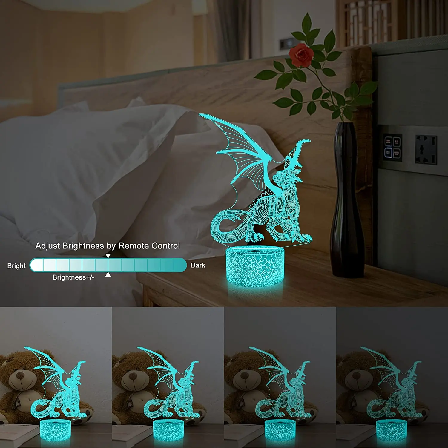 16 Colors Changing Battery Power 3D Dragon Night Light Children\'s Room Decor Dragon Lamp Christmas Birthday Gift for Boys /Girls