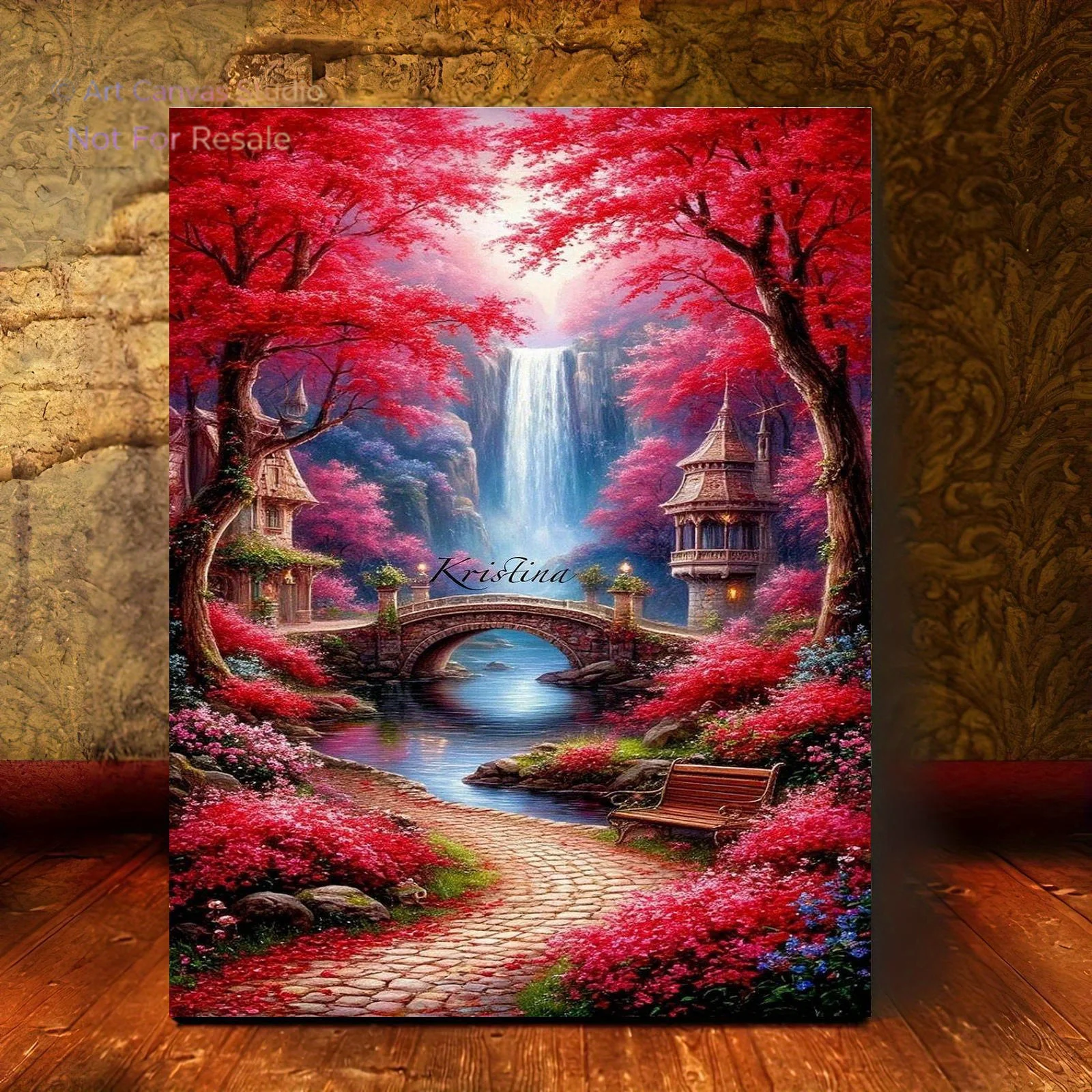 Professional Art Use 1pc , Dreamy Red Maple Waterfall Scenery canvas
