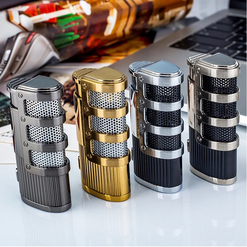 JOBON Metal Windproof Lighter Triple Torch  Jet Turbo Blue Flame Butane Gas Lighter Powerful Cigar Pipe Men\'s Cigarette Lighter