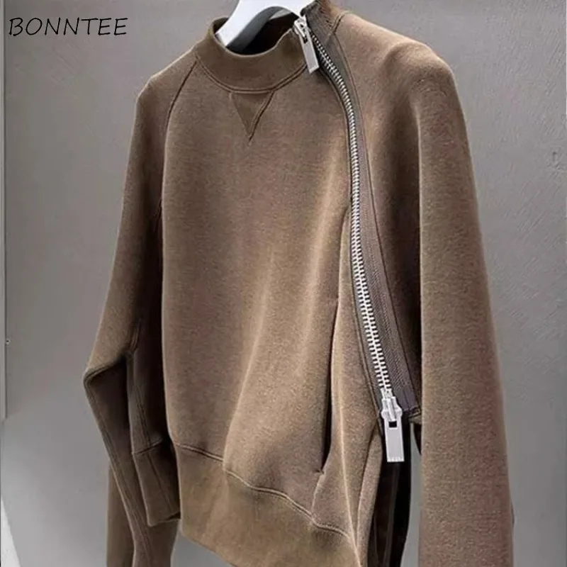 

Brown Hoodies Sweatshirts Women Chic All-match Zipper O-neck Long Sleeve Daily Fashion Simple Korean Female Stylish Streetwear