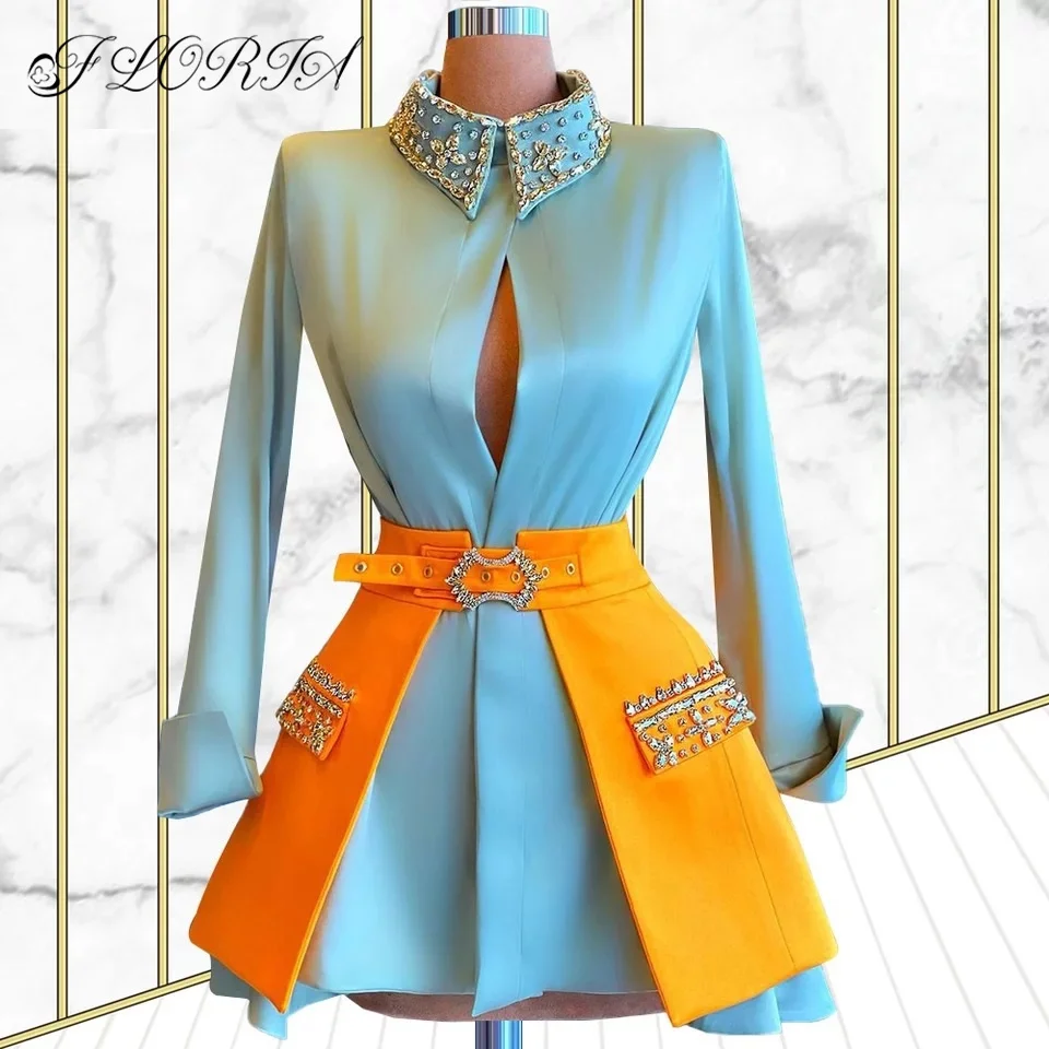 Long Sleeves Two-piece Set Crystal Prom Dress Sky Blue Blouse Shirt and Yellow Waist Belt Skirt Mini Length Cocktail Dresses