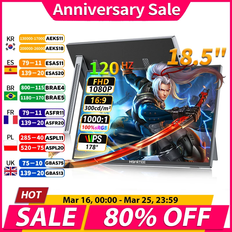 

HGFRTEE 120Hz 18.5" Portable Monitor 1080P SRGB100% With HDMI USB-C VESA Hole For PC Laptop Phone Xbox PS4/5 Switch IPS Screen