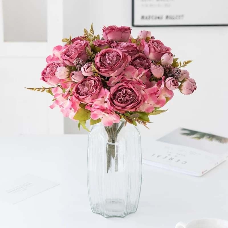 1/3 Stück künstliche Blumen Weihnachtsgirlande Hochzeit Garten Rosen Fotos Bogen Pfingstrose Blumensträuße Home Room Decor Seidenhortensien – Detail 4