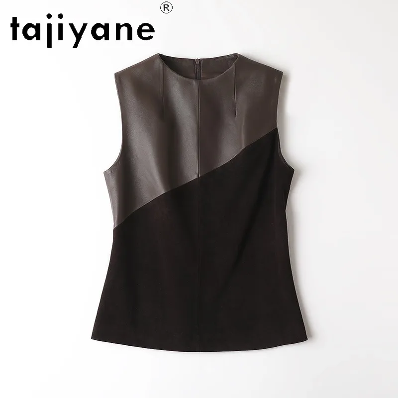 TAJIYANE Genuine Leather Jacket Women Sleeveless Vest Sheepskin & Sheep Suede Patchwork Coat Slim Waistcoat Leather Veste Femme
